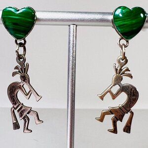 Vtg 925 Silver Kokopelli Malachite Heart Earrings Drop Dangle 1.75" Southwest